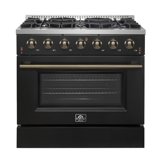 Forno Galiano 36-inch Freestanding Gas Range in Black with Antique Brass Design, 6 Burners, 83,000 BTU, 5.36 cu.ft. Convection Oven - Forno Appliances