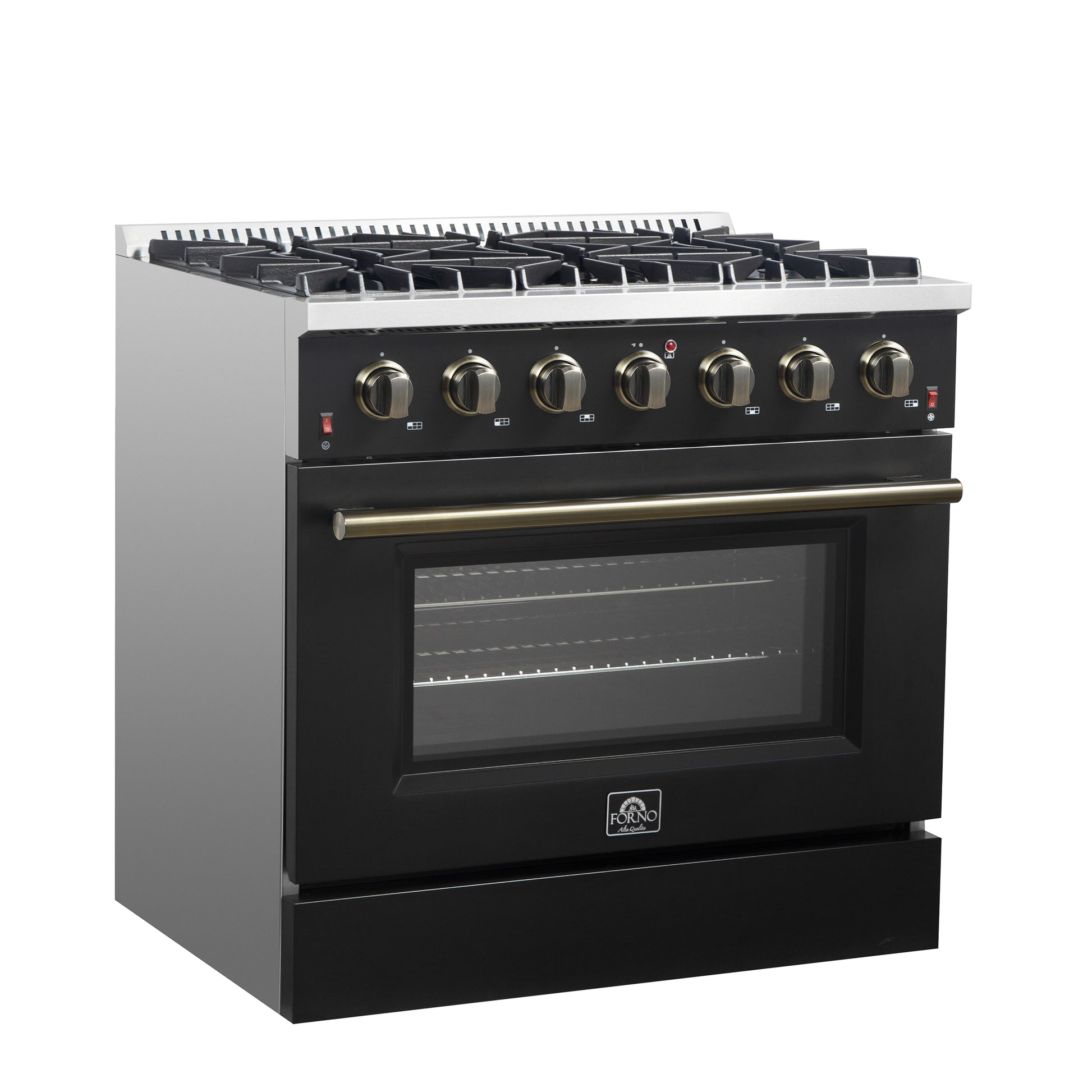 Forno Galiano 36-inch Freestanding Gas Range in Black with Antique Brass Design, 6 Burners, 83,000 BTU, 5.36 cu.ft. Convection Oven - Forno Appliances