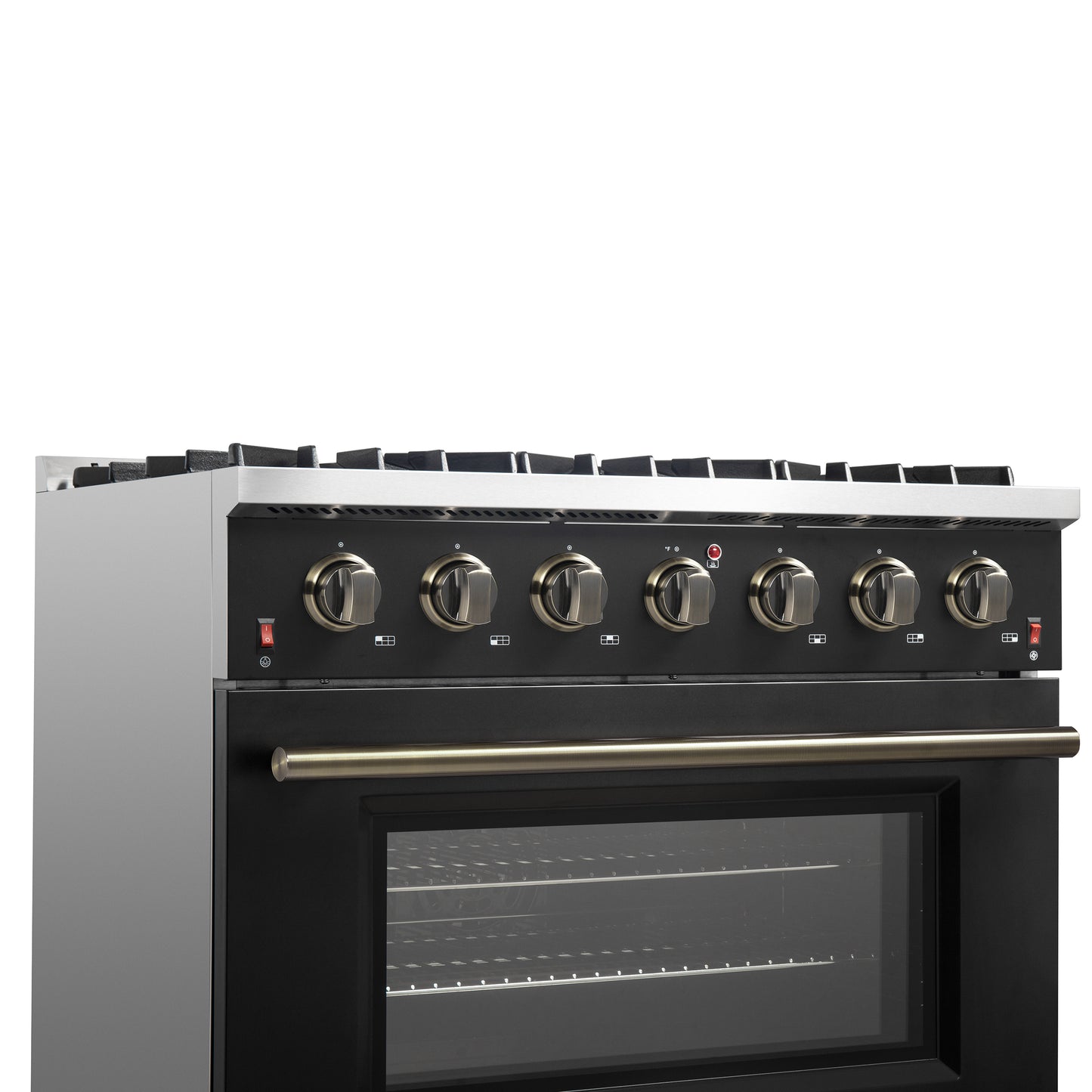 Forno Galiano 36-inch Freestanding Gas Range in Black with Antique Brass Design, 6 Burners, 83,000 BTU, 5.36 cu.ft. Convection Oven - Forno Appliances