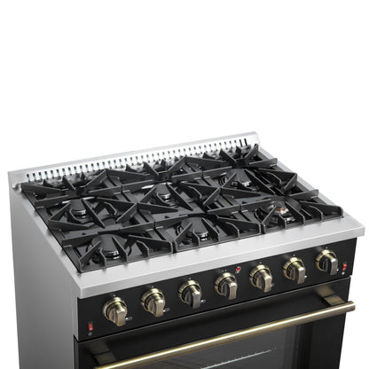 Forno Galiano 36-inch Freestanding Gas Range in Black with Antique Brass Design, 6 Burners, 83,000 BTU, 5.36 cu.ft. Convection Oven - Forno Appliances