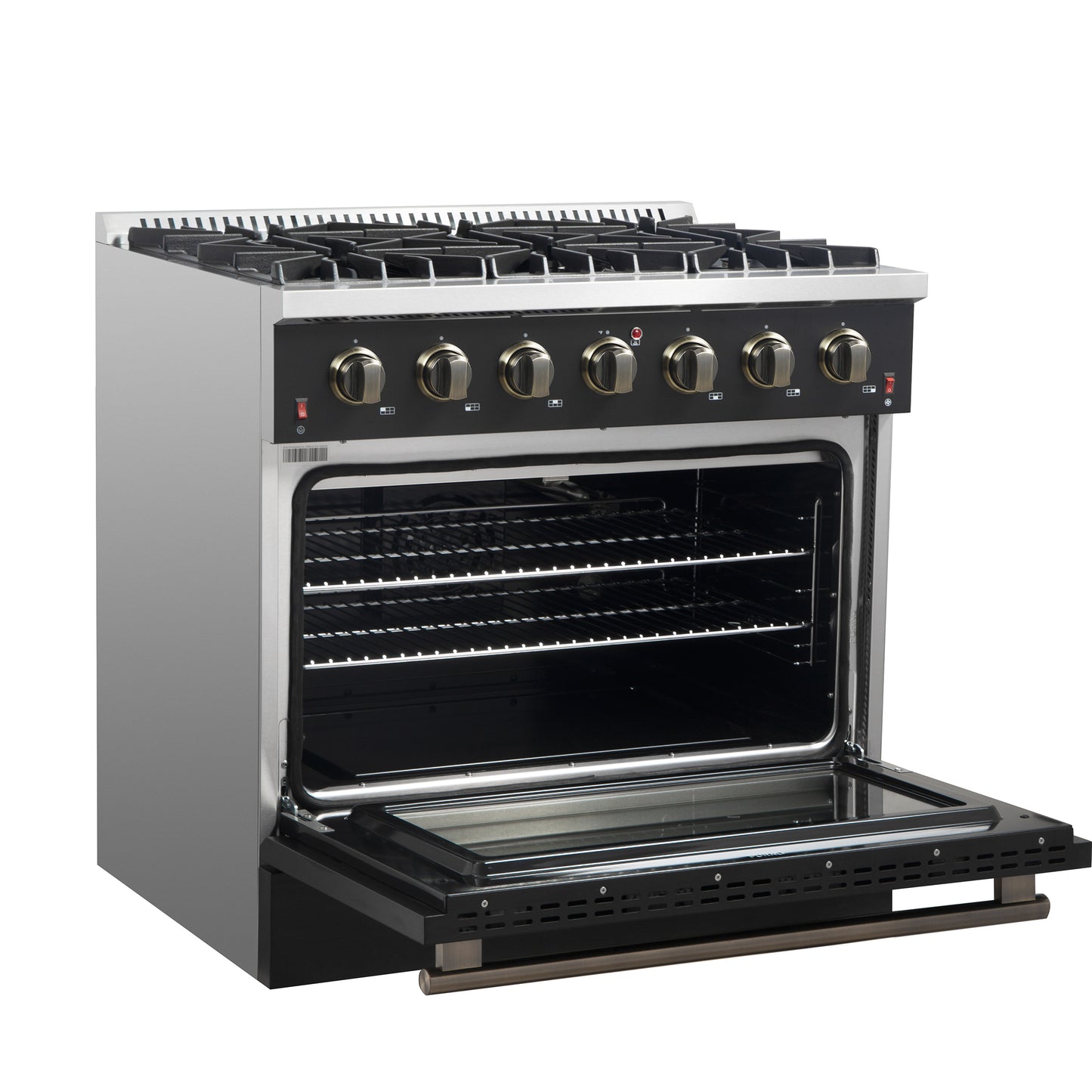 Forno Galiano 36-inch Freestanding Gas Range in Black with Antique Brass Design, 6 Burners, 83,000 BTU, 5.36 cu.ft. Convection Oven - Forno Appliances