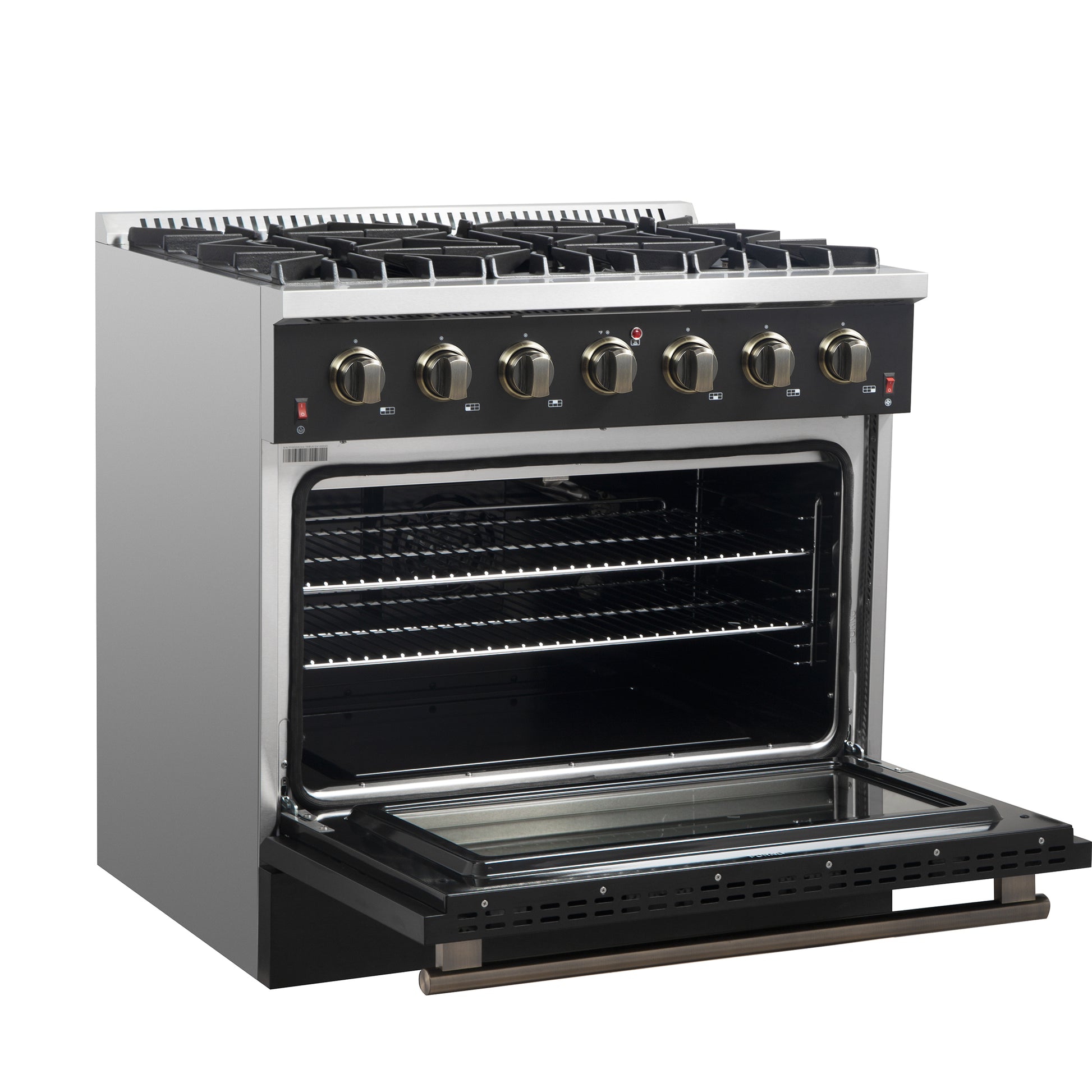 Forno Galiano 36-inch Freestanding Gas Range in Black with Antique Brass Design, 6 Burners, 83,000 BTU, 5.36 cu.ft. Convection Oven - Forno Appliances