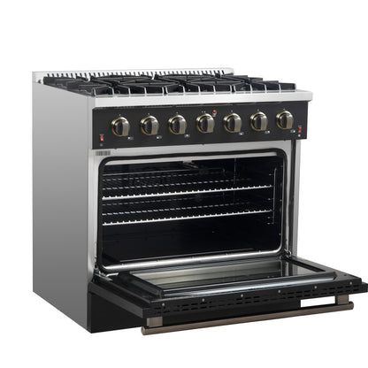 Forno Galiano 36-inch Freestanding Gas Range in Black with Antique Brass Design, 6 Burners, 83,000 BTU, 5.36 cu.ft. Convection Oven - Forno Appliances