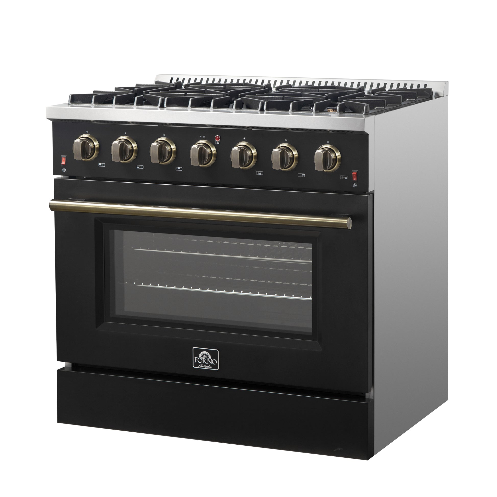 Forno Galiano 36-inch Freestanding Gas Range in Black with Antique Brass Design, 6 Burners, 83,000 BTU, 5.36 cu.ft. Convection Oven - Forno Appliances