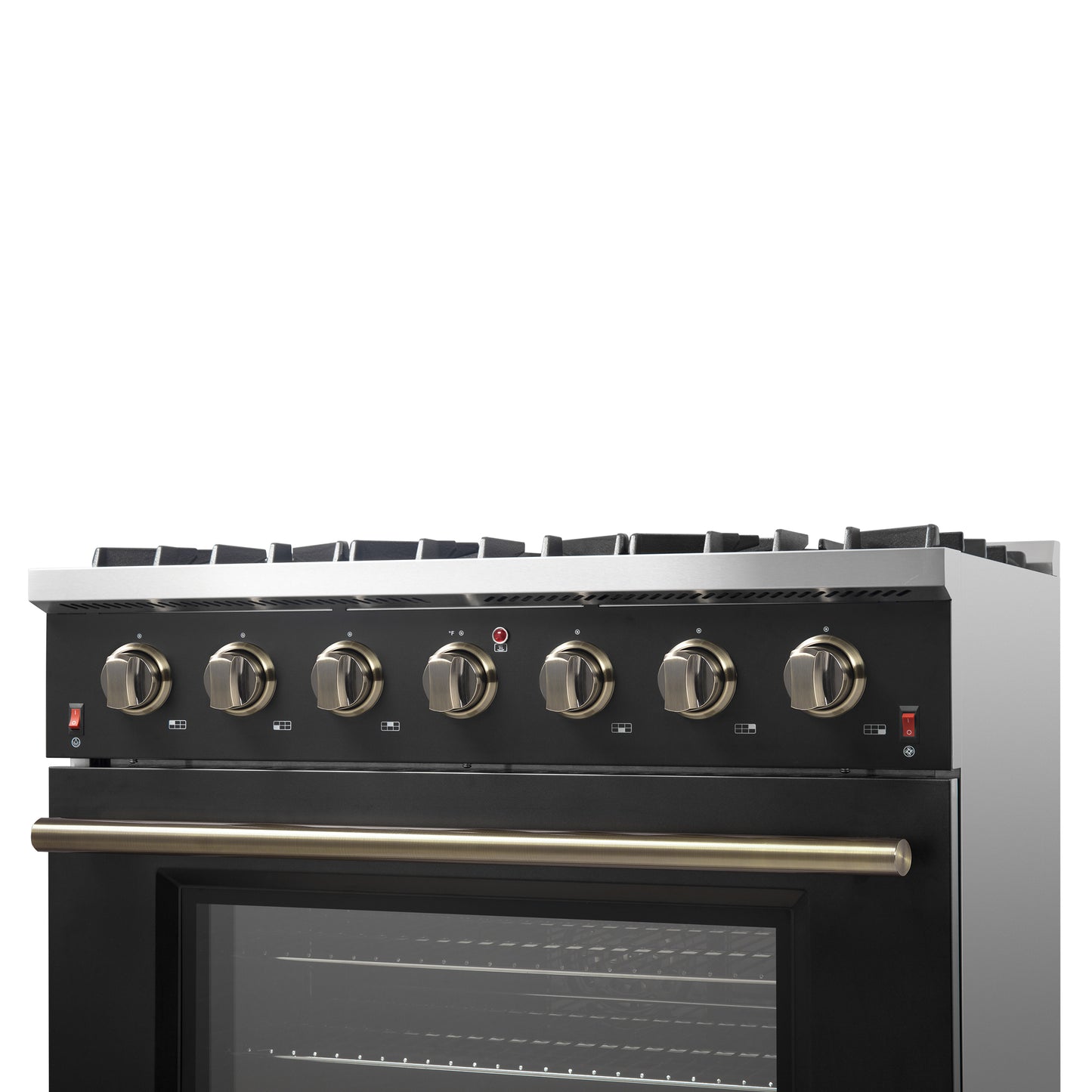 Forno Galiano 36-inch Freestanding Gas Range in Black with Antique Brass Design, 6 Burners, 83,000 BTU, 5.36 cu.ft. Convection Oven - Forno Appliances