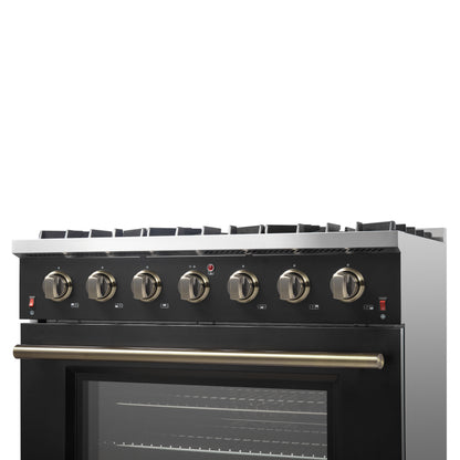 Forno Galiano 36-inch Freestanding Gas Range in Black with Antique Brass Design, 6 Burners, 83,000 BTU, 5.36 cu.ft. Convection Oven - Forno Appliances