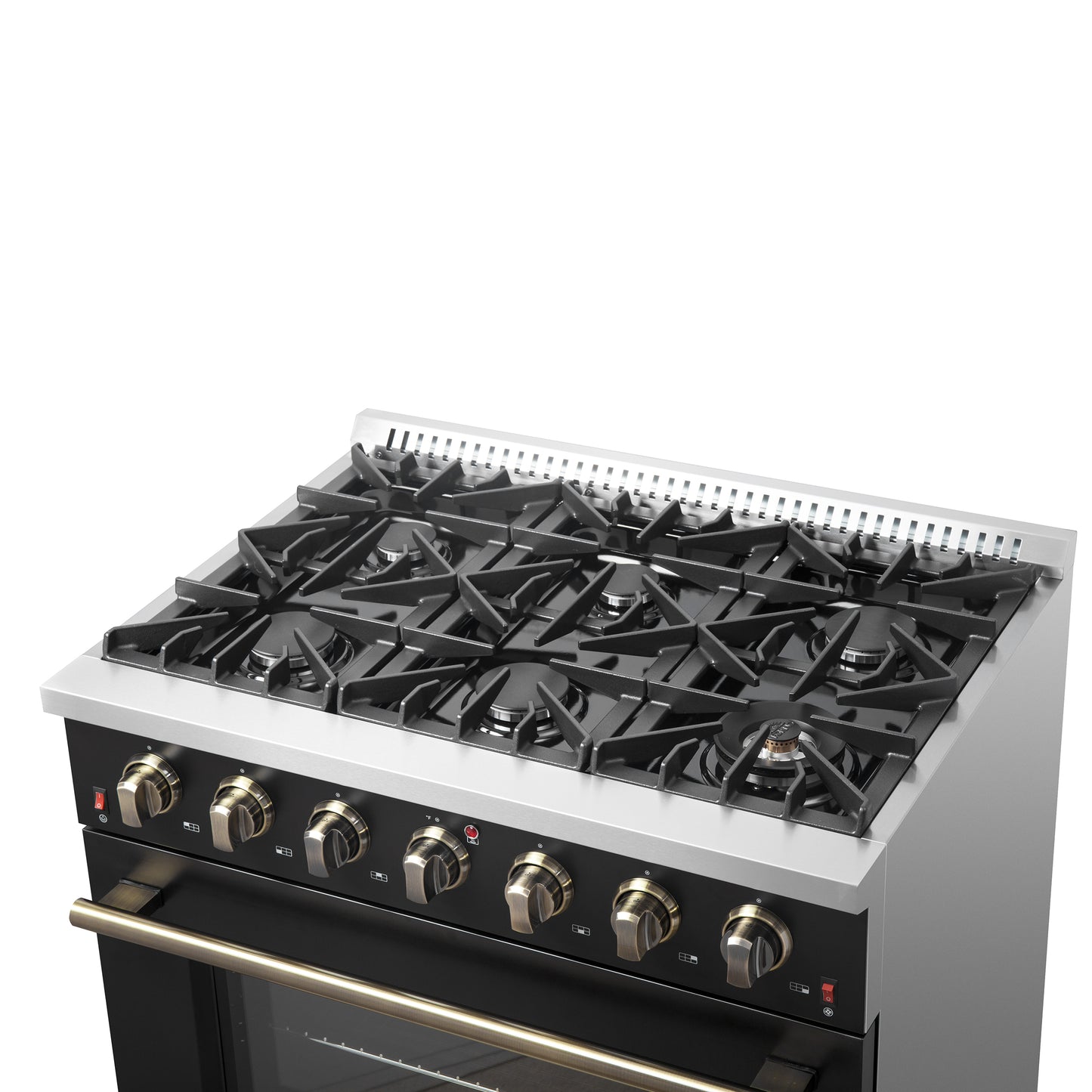 Forno Galiano 36-inch Freestanding Gas Range in Black with Antique Brass Design, 6 Burners, 83,000 BTU, 5.36 cu.ft. Convection Oven - Forno Appliances