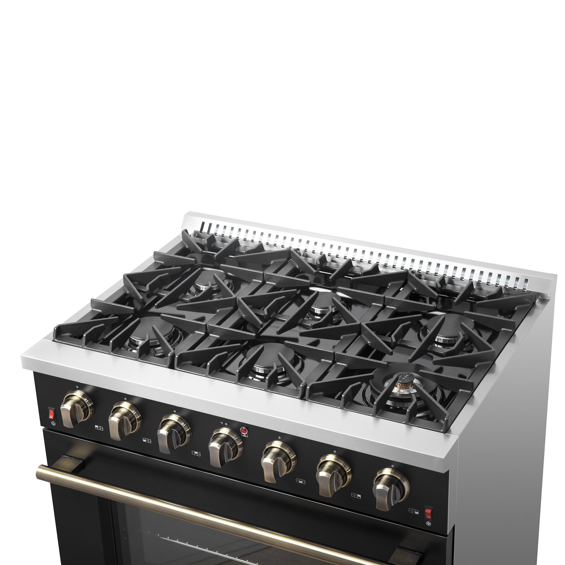 Forno Galiano 36-inch Freestanding Gas Range in Black with Antique Brass Design, 6 Burners, 83,000 BTU, 5.36 cu.ft. Convection Oven - Forno Appliances