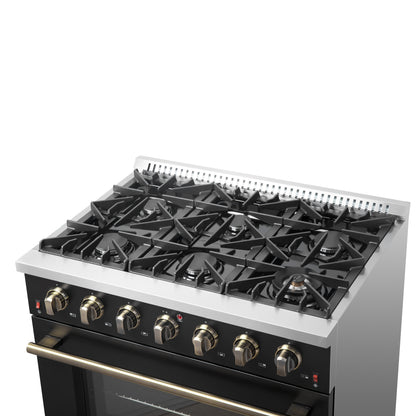 Forno Galiano 36-inch Freestanding Gas Range in Black with Antique Brass Design, 6 Burners, 83,000 BTU, 5.36 cu.ft. Convection Oven - Forno Appliances