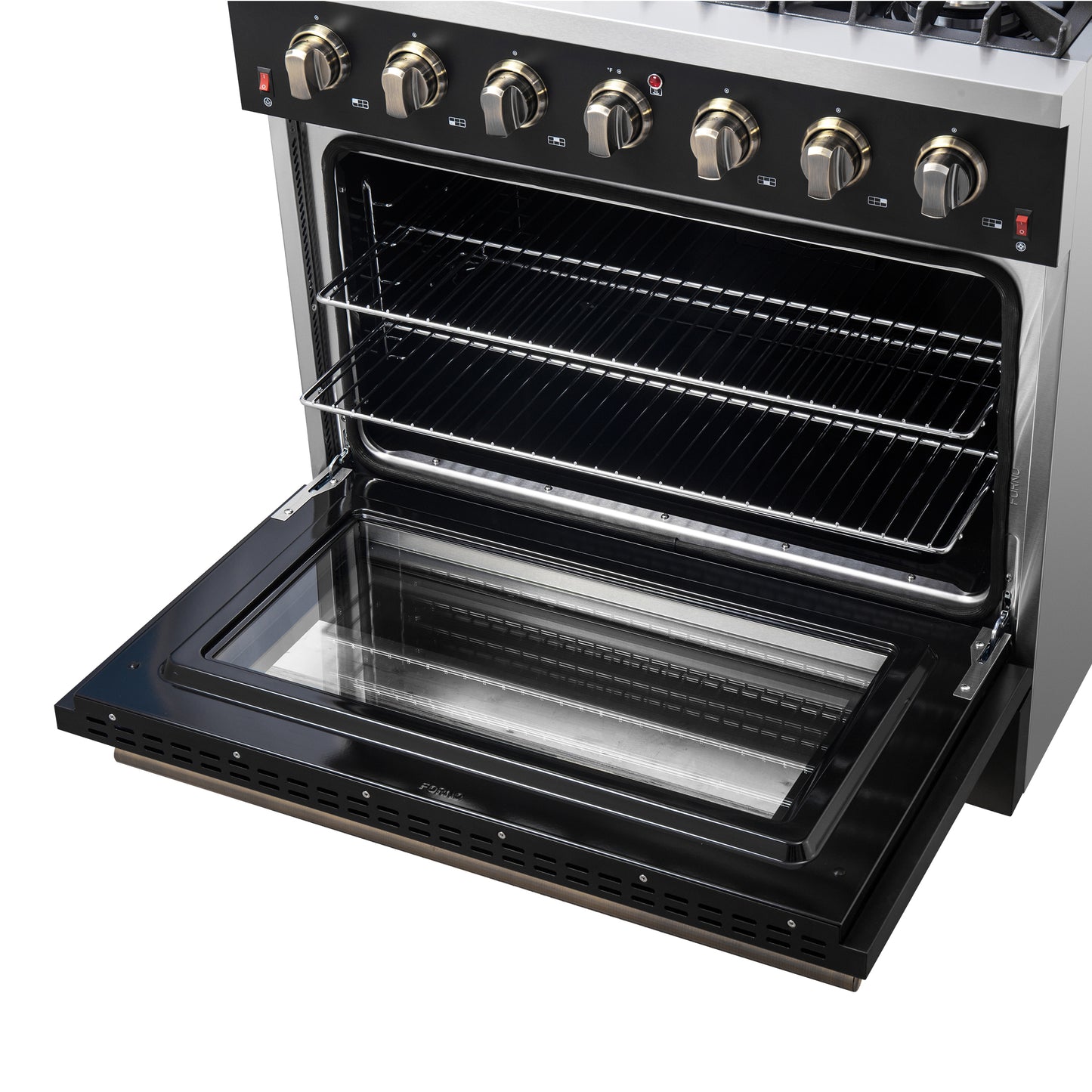 Forno Galiano 36-inch Freestanding Gas Range in Black with Antique Brass Design, 6 Burners, 83,000 BTU, 5.36 cu.ft. Convection Oven - Forno Appliances