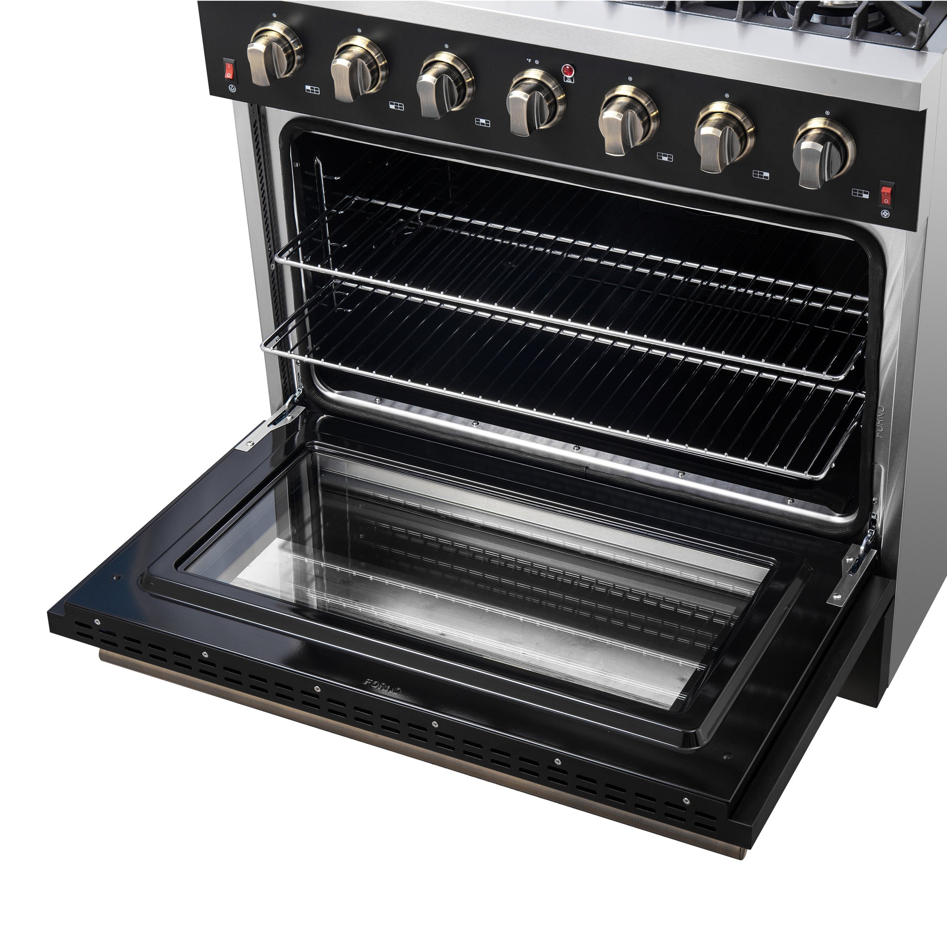 Forno Galiano 36-inch Freestanding Gas Range in Black with Antique Brass Design, 6 Burners, 83,000 BTU, 5.36 cu.ft. Convection Oven - Forno Appliances