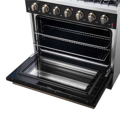 Forno Galiano 36-inch Freestanding Gas Range in Black with Antique Brass Design, 6 Burners, 83,000 BTU, 5.36 cu.ft. Convection Oven - Forno Appliances