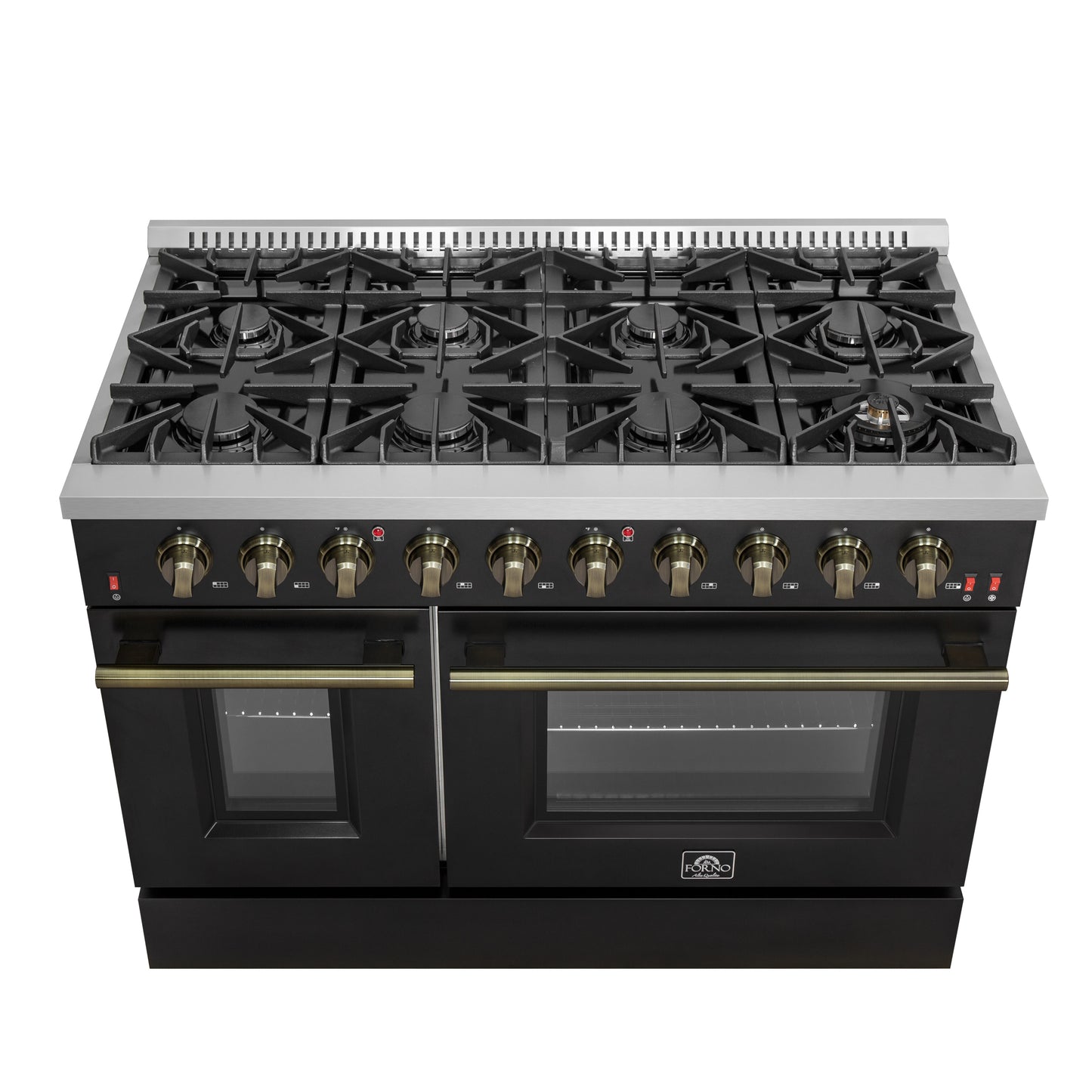FORNO Galiano 48-inch Gas Range Black & Antique Brass Design, 8 Burners, 107,000 BTU, Griddle, 6.58 cu.ft. Double Ovens - Forno Appliances