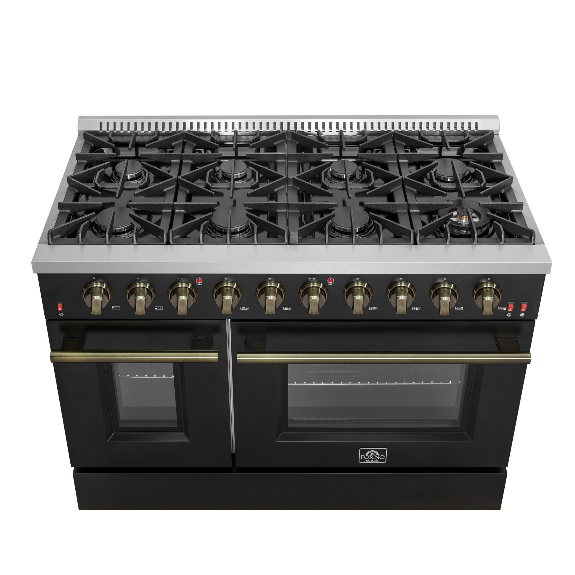 FORNO Galiano 48-inch Gas Range Black & Antique Brass Design, 8 Burners, 107,000 BTU, Griddle, 6.58 cu.ft. Double Ovens - Forno Appliances