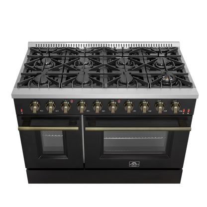 FORNO Galiano 48-inch Gas Range Black & Antique Brass Design, 8 Burners, 107,000 BTU, Griddle, 6.58 cu.ft. Double Ovens - Forno Appliances
