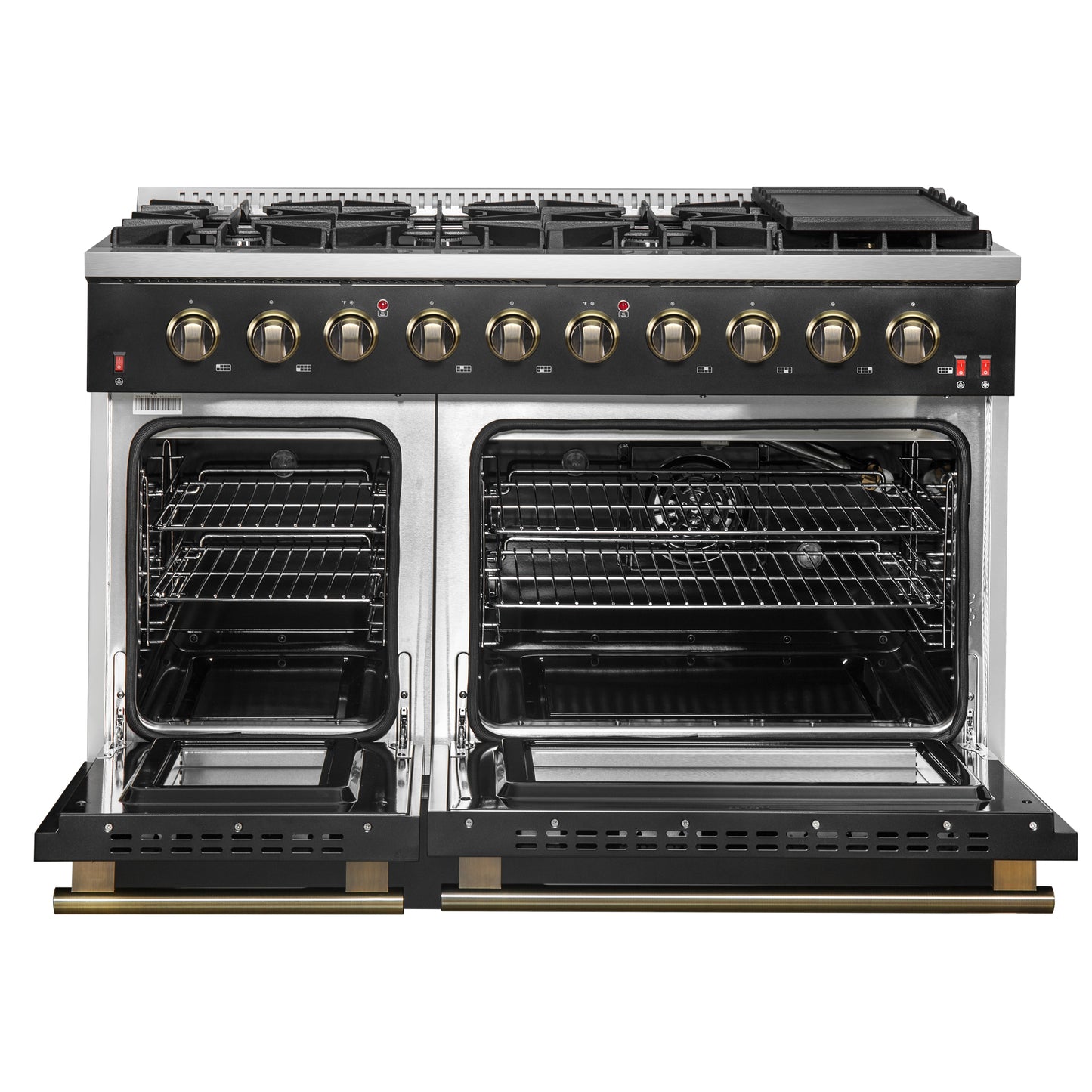 FORNO Galiano 48-inch Gas Range Black & Antique Brass Design, 8 Burners, 107,000 BTU, Griddle, 6.58 cu.ft. Double Ovens - Forno Appliances