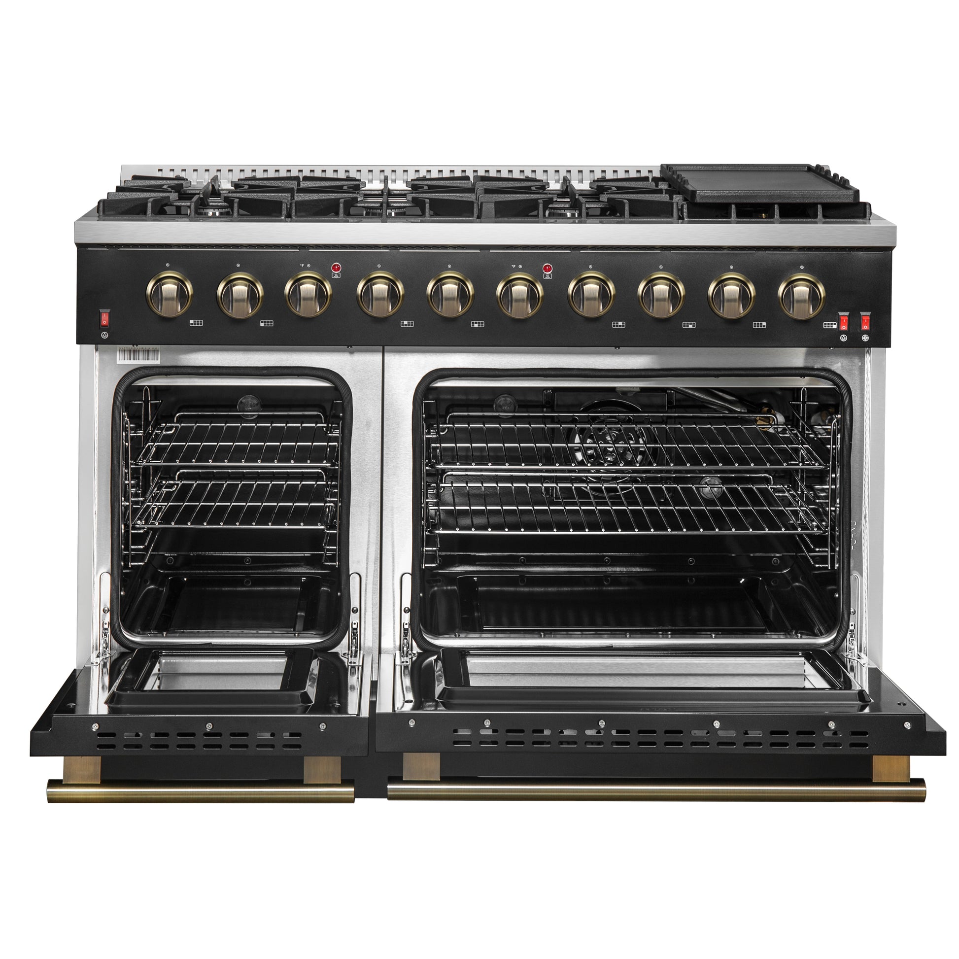 FORNO Galiano 48-inch Gas Range Black & Antique Brass Design, 8 Burners, 107,000 BTU, Griddle, 6.58 cu.ft. Double Ovens - Forno Appliances