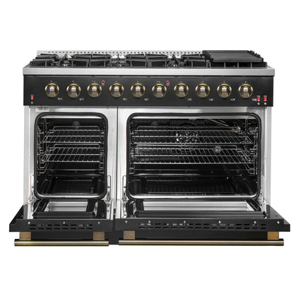 FORNO Galiano 48-inch Gas Range Black & Antique Brass Design, 8 Burners, 107,000 BTU, Griddle, 6.58 cu.ft. Double Ovens - Forno Appliances