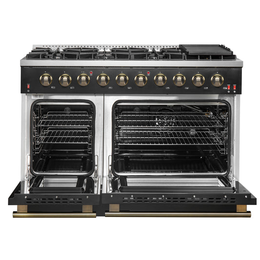 FORNO Galiano 48-inch Gas Range Black & Antique Brass Design, 8 Burners, 107,000 BTU, Griddle, 6.58 cu.ft. Double Ovens - Forno Appliances
