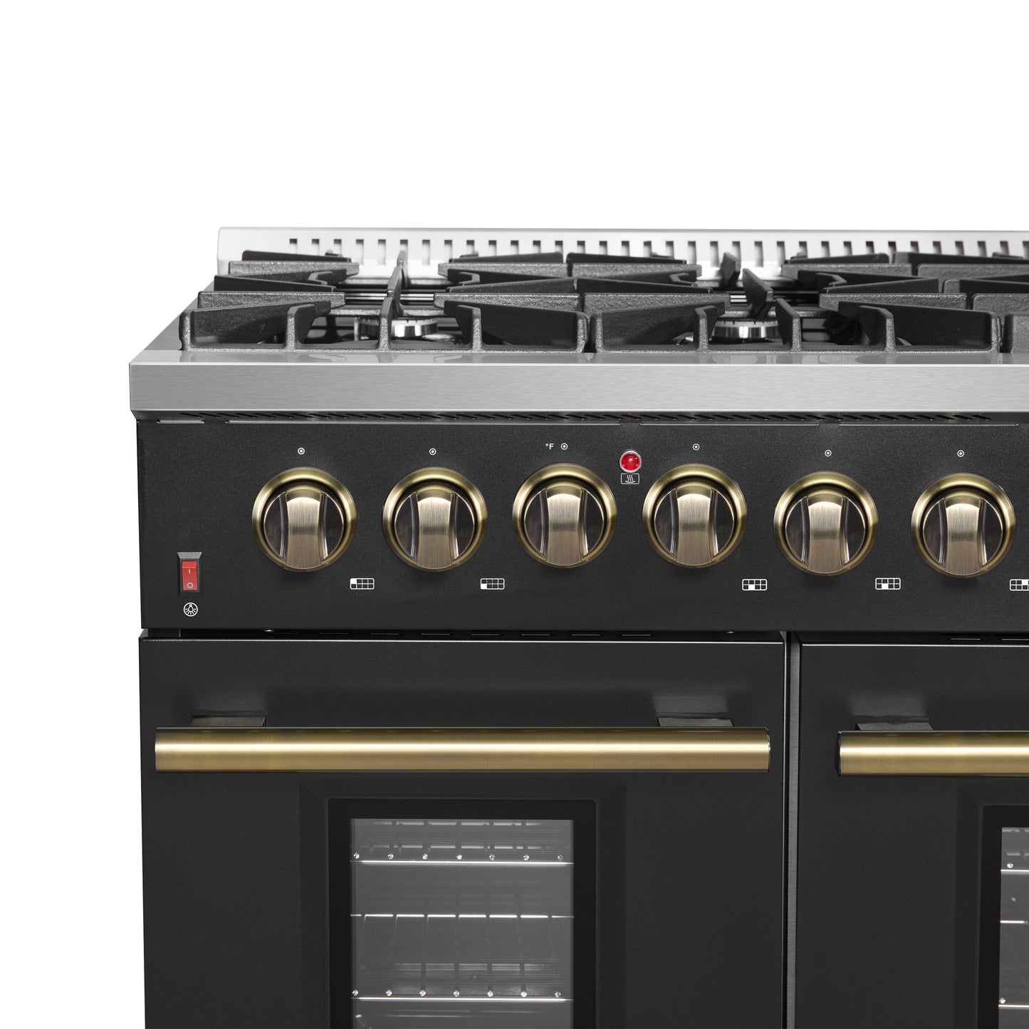 FORNO Galiano 48-inch Gas Range Black & Antique Brass Design, 8 Burners, 107,000 BTU, Griddle, 6.58 cu.ft. Double Ovens - Forno Appliances