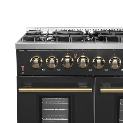 FORNO Galiano 48-inch Gas Range Black & Antique Brass Design, 8 Burners, 107,000 BTU, Griddle, 6.58 cu.ft. Double Ovens - Forno Appliances