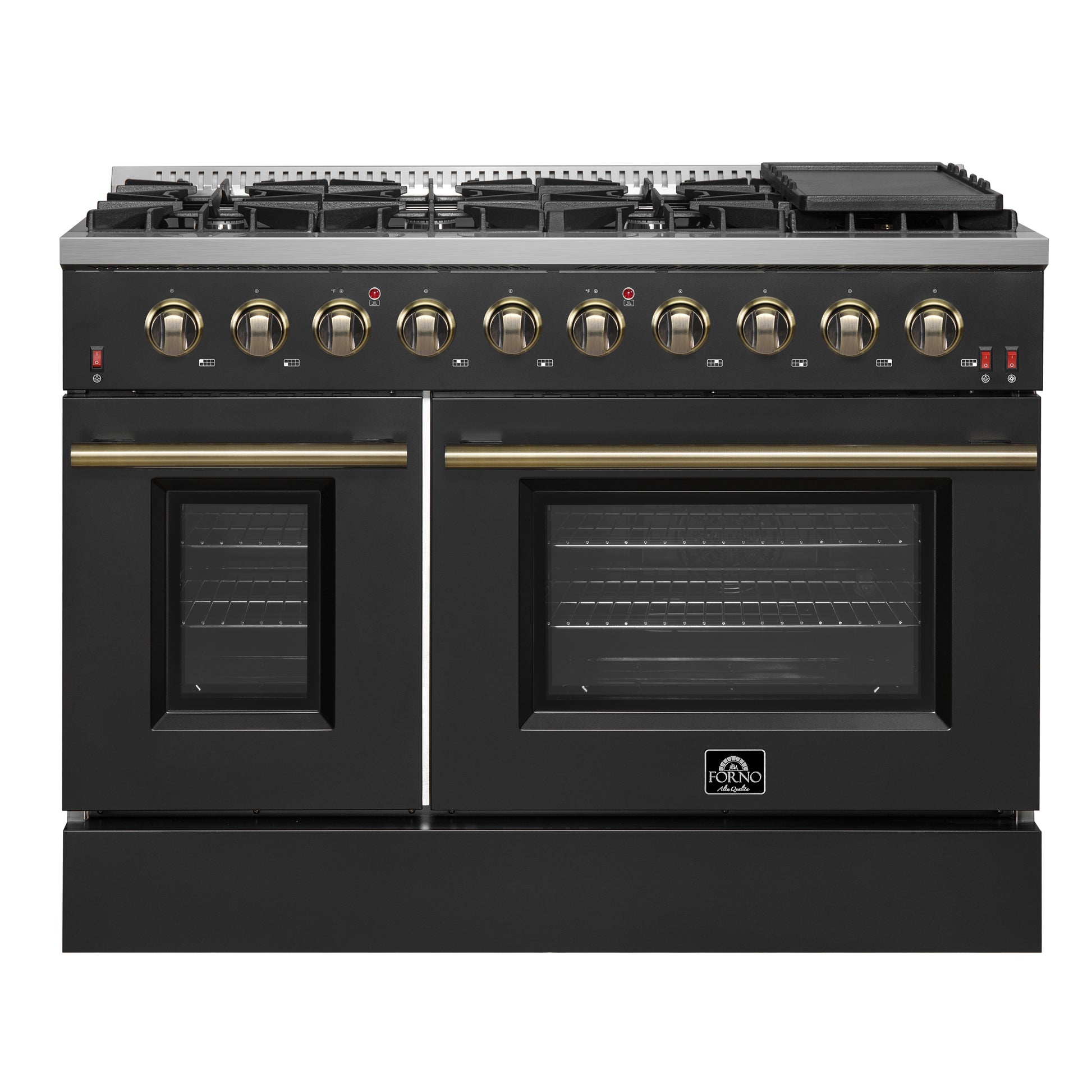FORNO Galiano 48-inch Gas Range Black & Antique Brass Design, 8 Burners, 107,000 BTU, Griddle, 6.58 cu.ft. Double Ovens - Forno Appliances