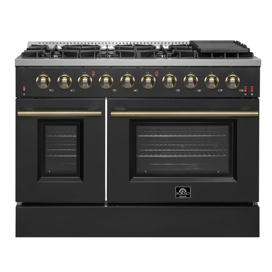 FORNO Galiano 48-inch Gas Range Black & Antique Brass Design, 8 Burners, 107,000 BTU, Griddle, 6.58 cu.ft. Double Ovens - Forno Appliances