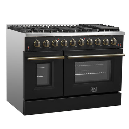 FORNO Galiano 48-inch Gas Range Black & Antique Brass Design, 8 Burners, 107,000 BTU, Griddle, 6.58 cu.ft. Double Ovens - Forno Appliances