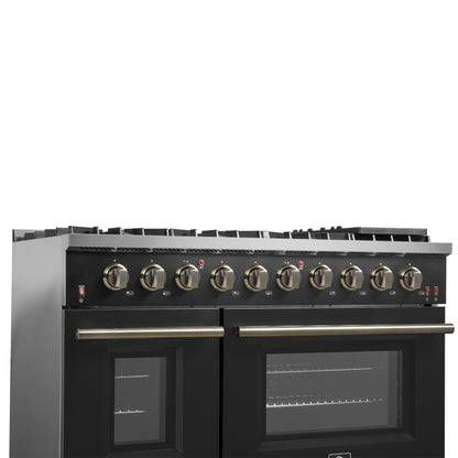 FORNO Galiano 48-inch Gas Range Black & Antique Brass Design, 8 Burners, 107,000 BTU, Griddle, 6.58 cu.ft. Double Ovens - Forno Appliances
