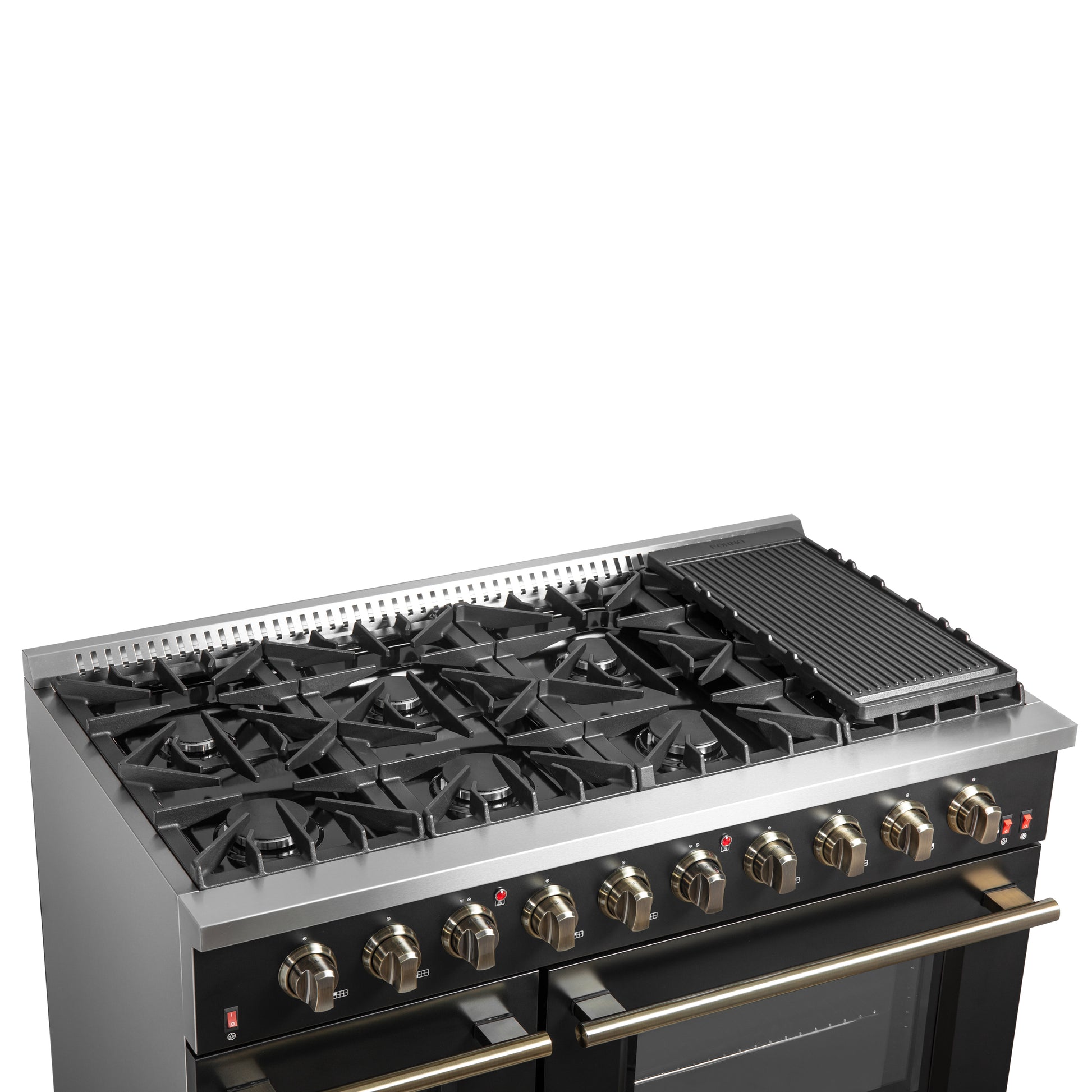 FORNO Galiano 48-inch Gas Range Black & Antique Brass Design, 8 Burners, 107,000 BTU, Griddle, 6.58 cu.ft. Double Ovens - Forno Appliances