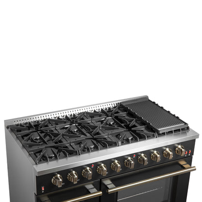 FORNO Galiano 48-inch Gas Range Black & Antique Brass Design, 8 Burners, 107,000 BTU, Griddle, 6.58 cu.ft. Double Ovens - Forno Appliances