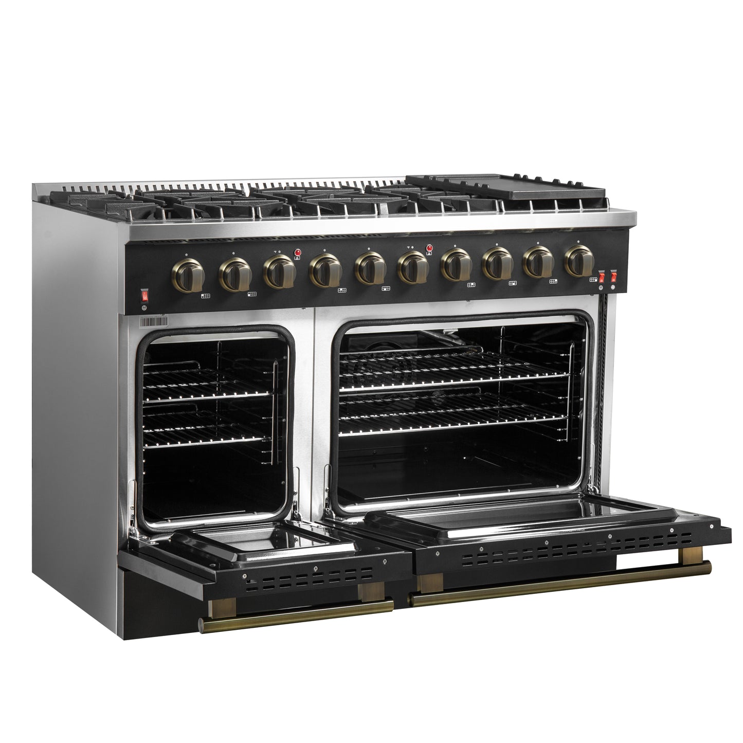 FORNO Galiano 48-inch Gas Range Black & Antique Brass Design, 8 Burners, 107,000 BTU, Griddle, 6.58 cu.ft. Double Ovens - Forno Appliances