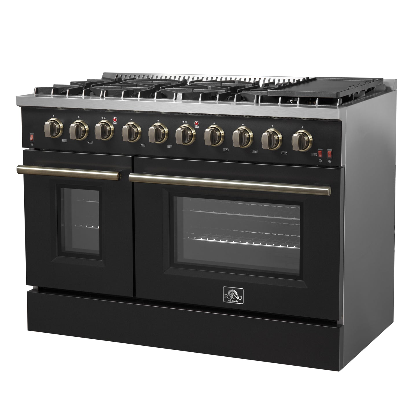 FORNO Galiano 48-inch Gas Range Black & Antique Brass Design, 8 Burners, 107,000 BTU, Griddle, 6.58 cu.ft. Double Ovens - Forno Appliances