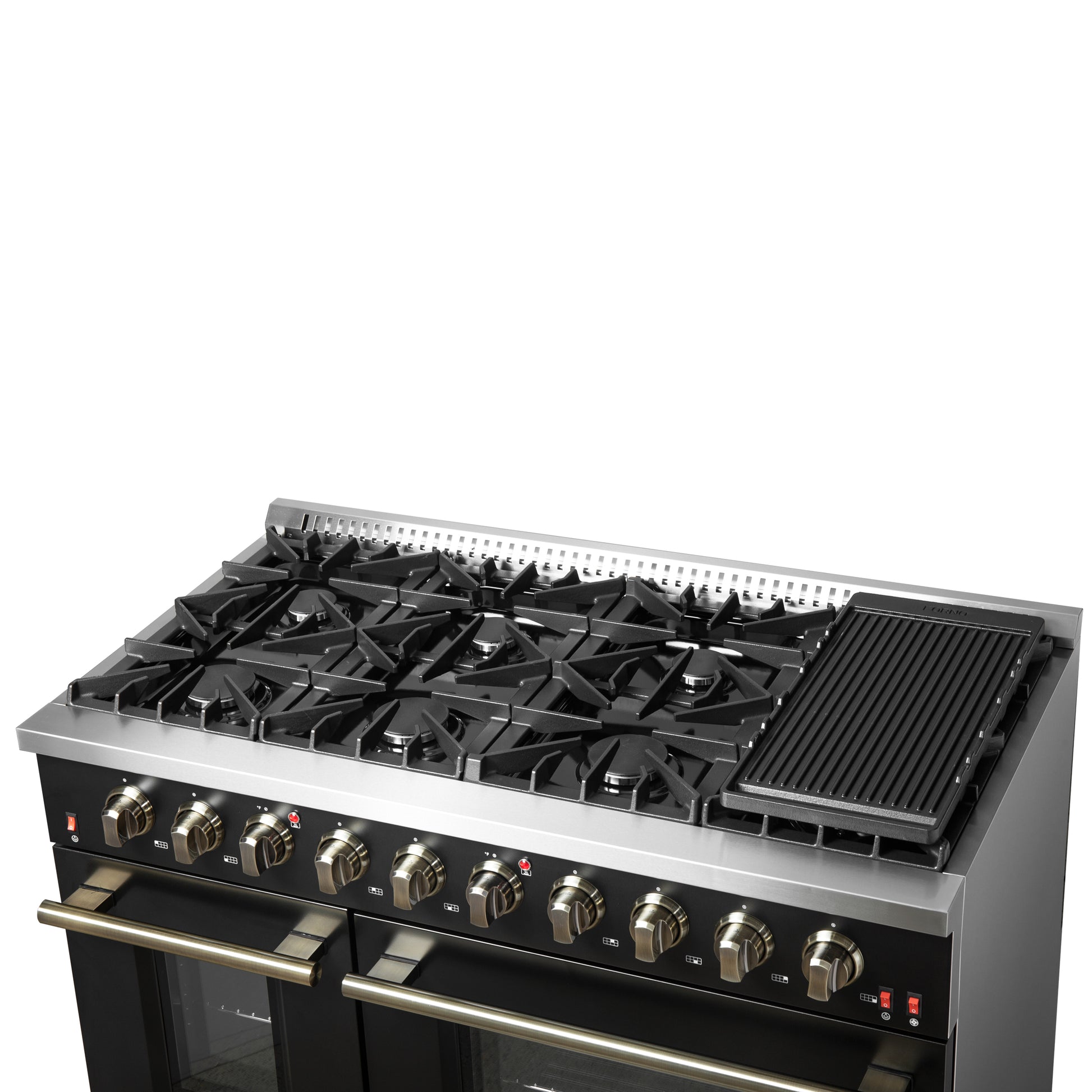 FORNO Galiano 48-inch Gas Range Black & Antique Brass Design, 8 Burners, 107,000 BTU, Griddle, 6.58 cu.ft. Double Ovens - Forno Appliances