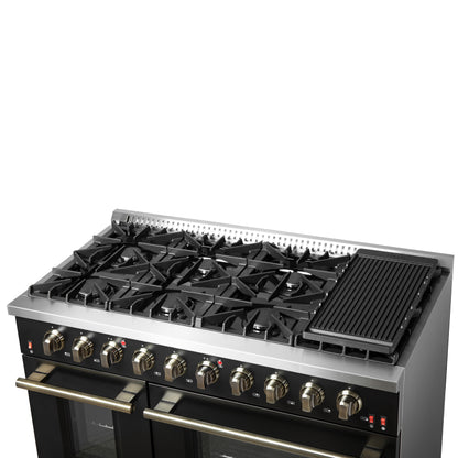 FORNO Galiano 48-inch Gas Range Black & Antique Brass Design, 8 Burners, 107,000 BTU, Griddle, 6.58 cu.ft. Double Ovens - Forno Appliances
