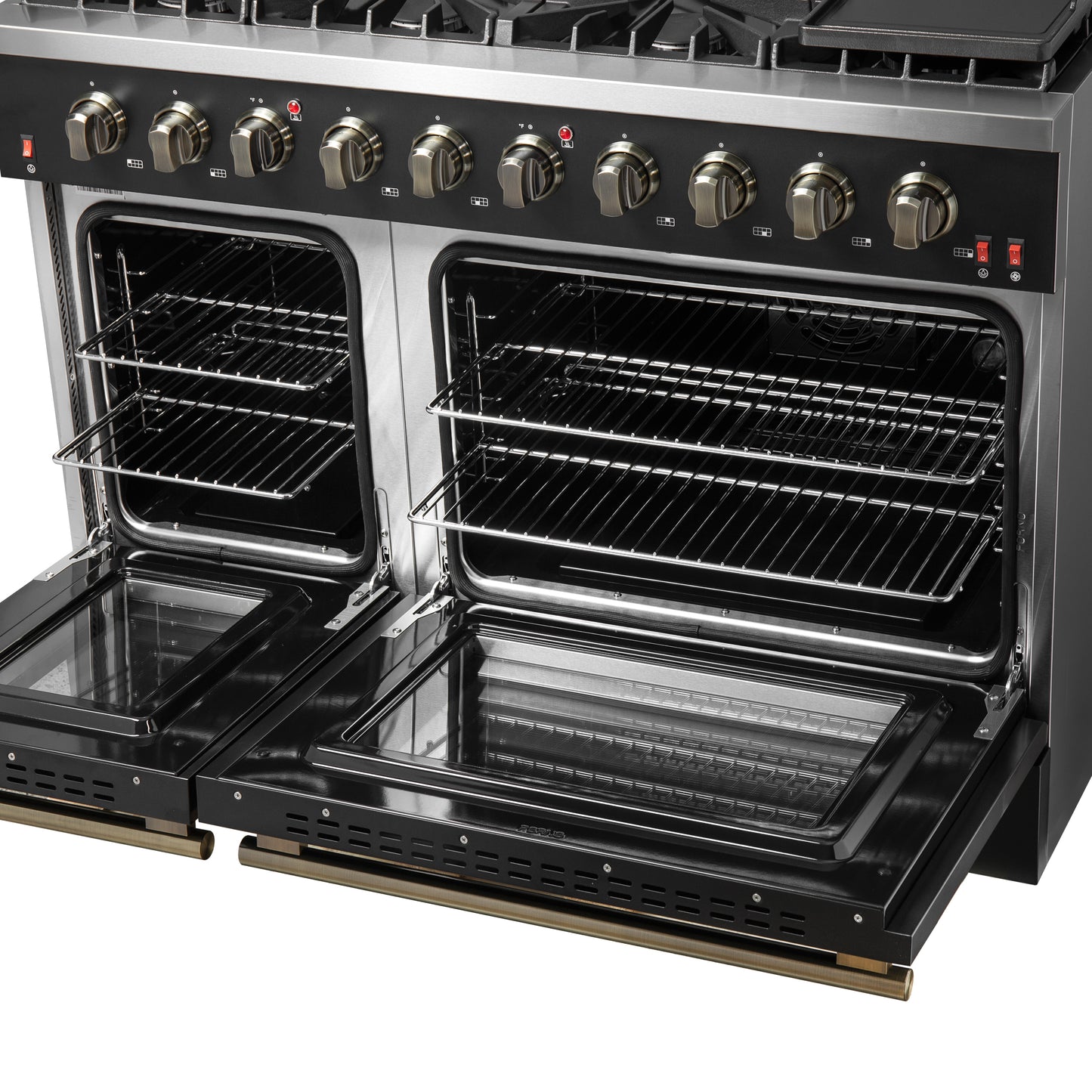 FORNO Galiano 48-inch Gas Range Black & Antique Brass Design, 8 Burners, 107,000 BTU, Griddle, 6.58 cu.ft. Double Ovens - Forno Appliances