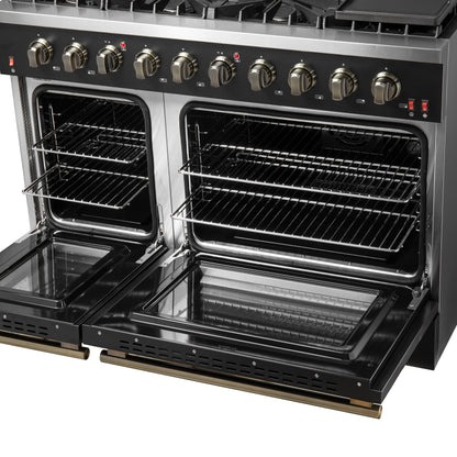 FORNO Galiano 48-inch Gas Range Black & Antique Brass Design, 8 Burners, 107,000 BTU, Griddle, 6.58 cu.ft. Double Ovens - Forno Appliances