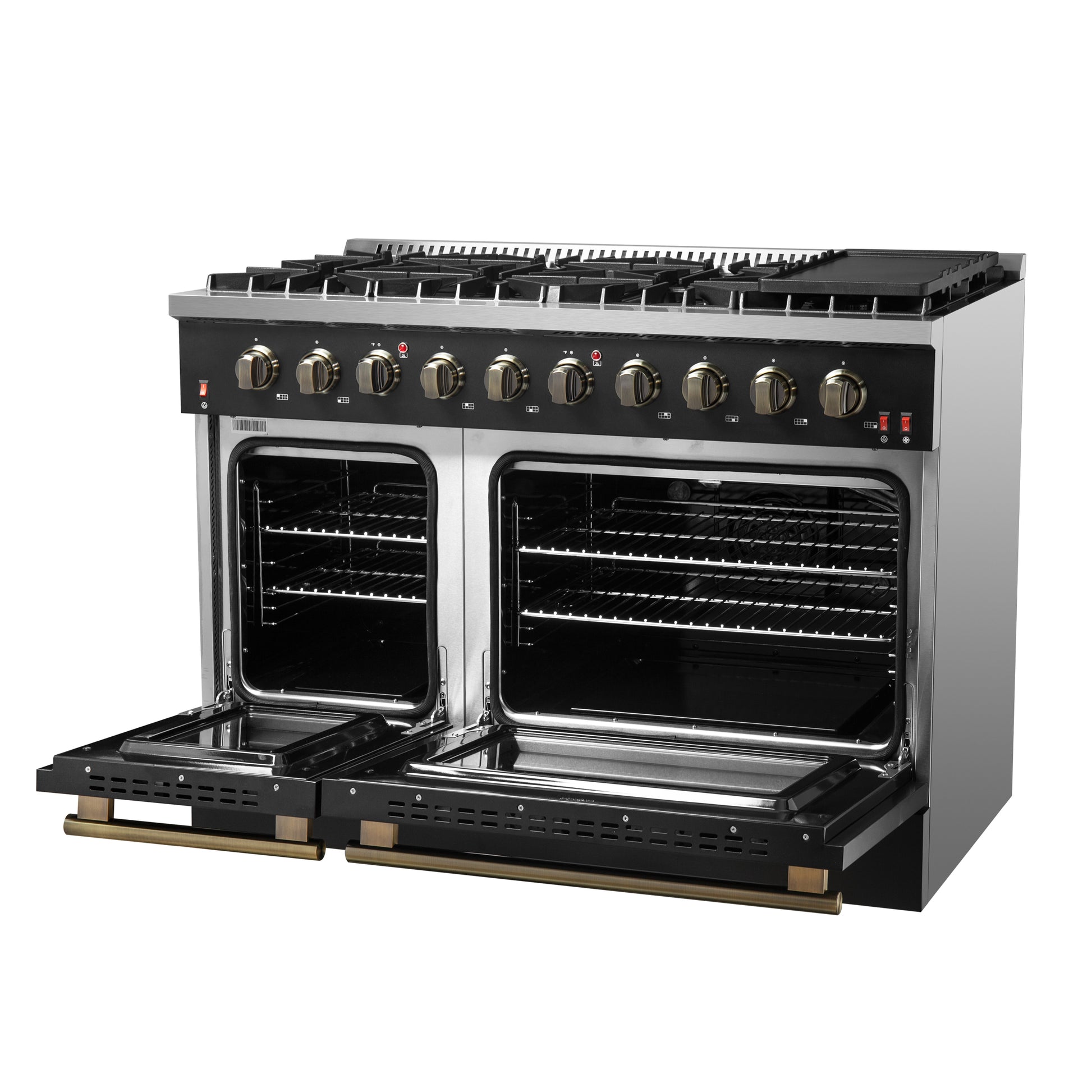 FORNO Galiano 48-inch Gas Range Black & Antique Brass Design, 8 Burners, 107,000 BTU, Griddle, 6.58 cu.ft. Double Ovens - Forno Appliances