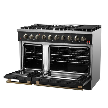 FORNO Galiano 48-inch Gas Range Black & Antique Brass Design, 8 Burners, 107,000 BTU, Griddle, 6.58 cu.ft. Double Ovens - Forno Appliances