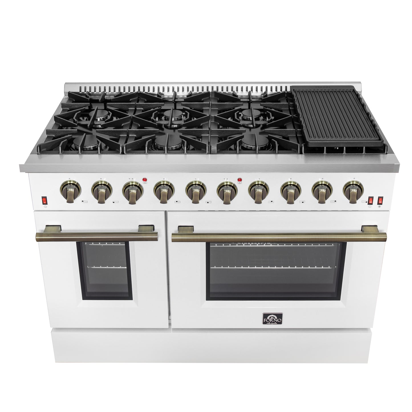 FORNO Galiano 48-inch Gas Range White & Antique Brass Design, 8 Burners, 107,000 BTU, Griddle, 6.58 cu.ft. Double Ovens - Forno Appliances
