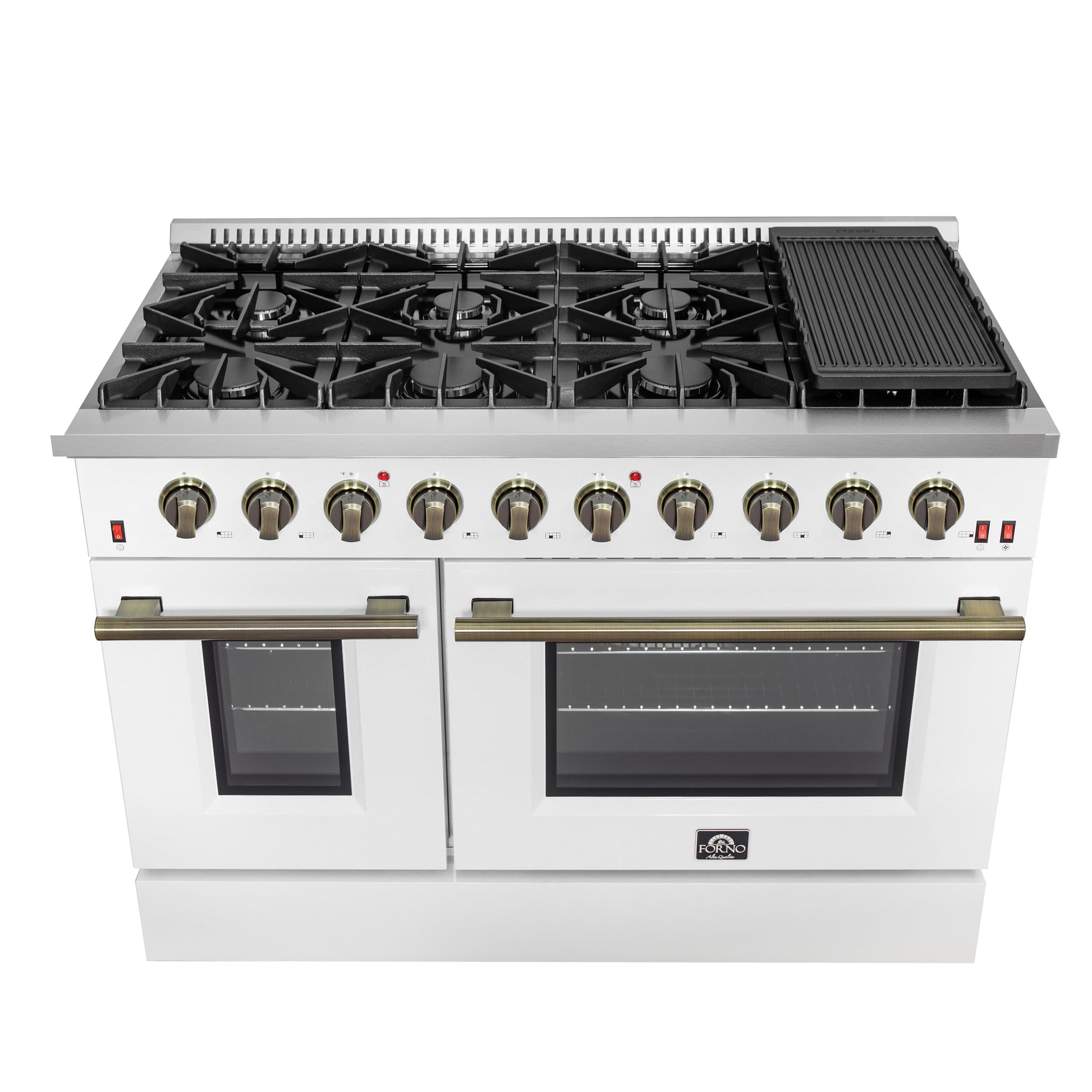 FORNO Galiano 48-inch Gas Range White & Antique Brass Design, 8 Burners, 107,000 BTU, Griddle, 6.58 cu.ft. Double Ovens - Forno Appliances