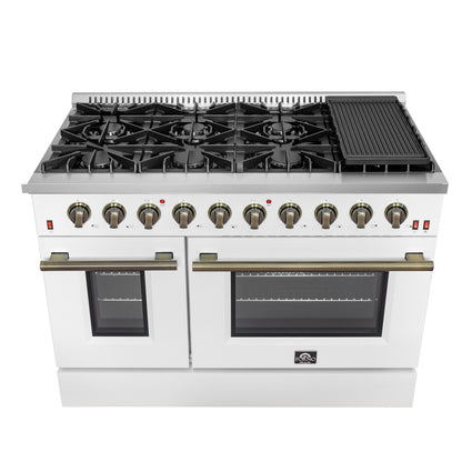 FORNO Galiano 48-inch Gas Range White & Antique Brass Design, 8 Burners, 107,000 BTU, Griddle, 6.58 cu.ft. Double Ovens - Forno Appliances