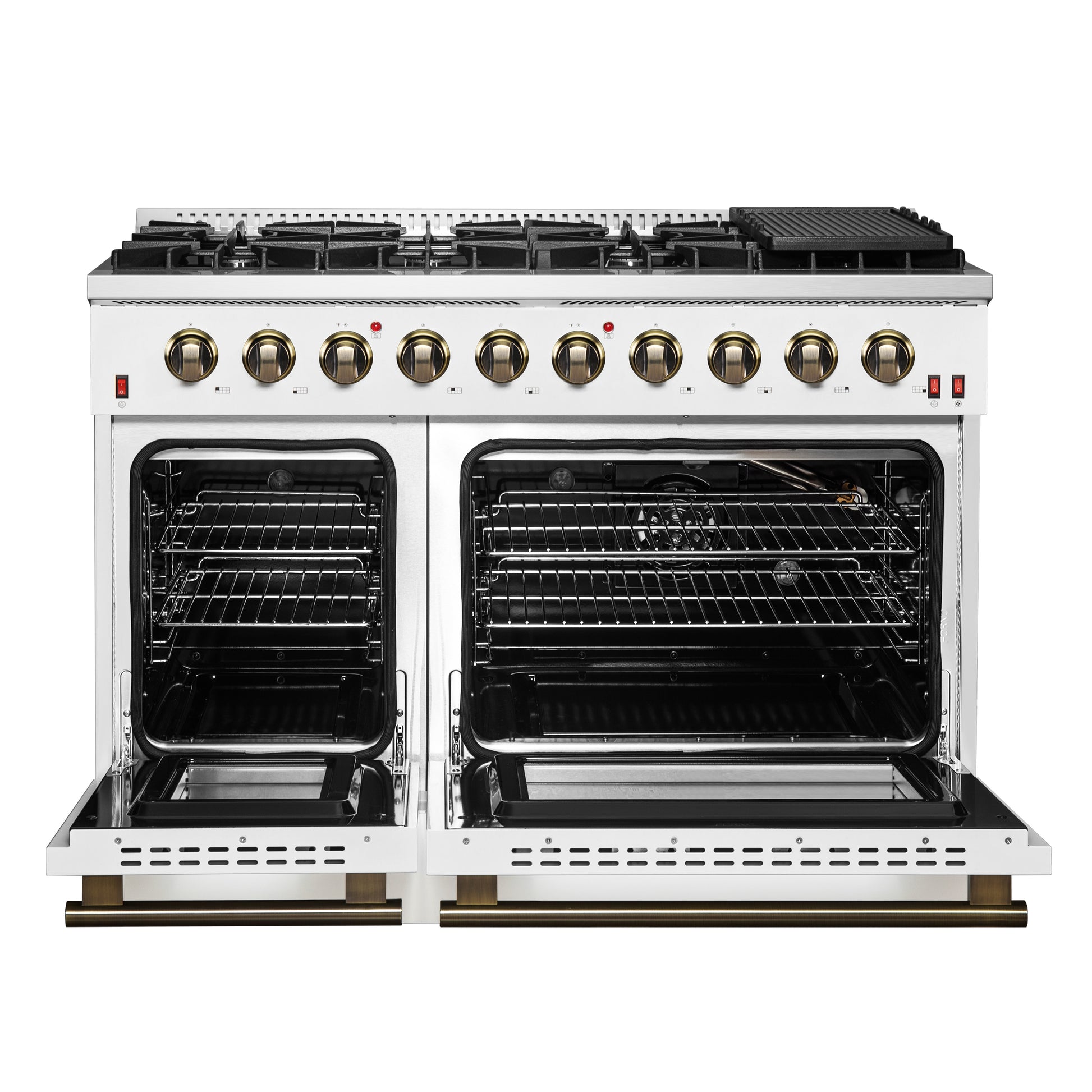 FORNO Galiano 48-inch Gas Range White & Antique Brass Design, 8 Burners, 107,000 BTU, Griddle, 6.58 cu.ft. Double Ovens - Forno Appliances