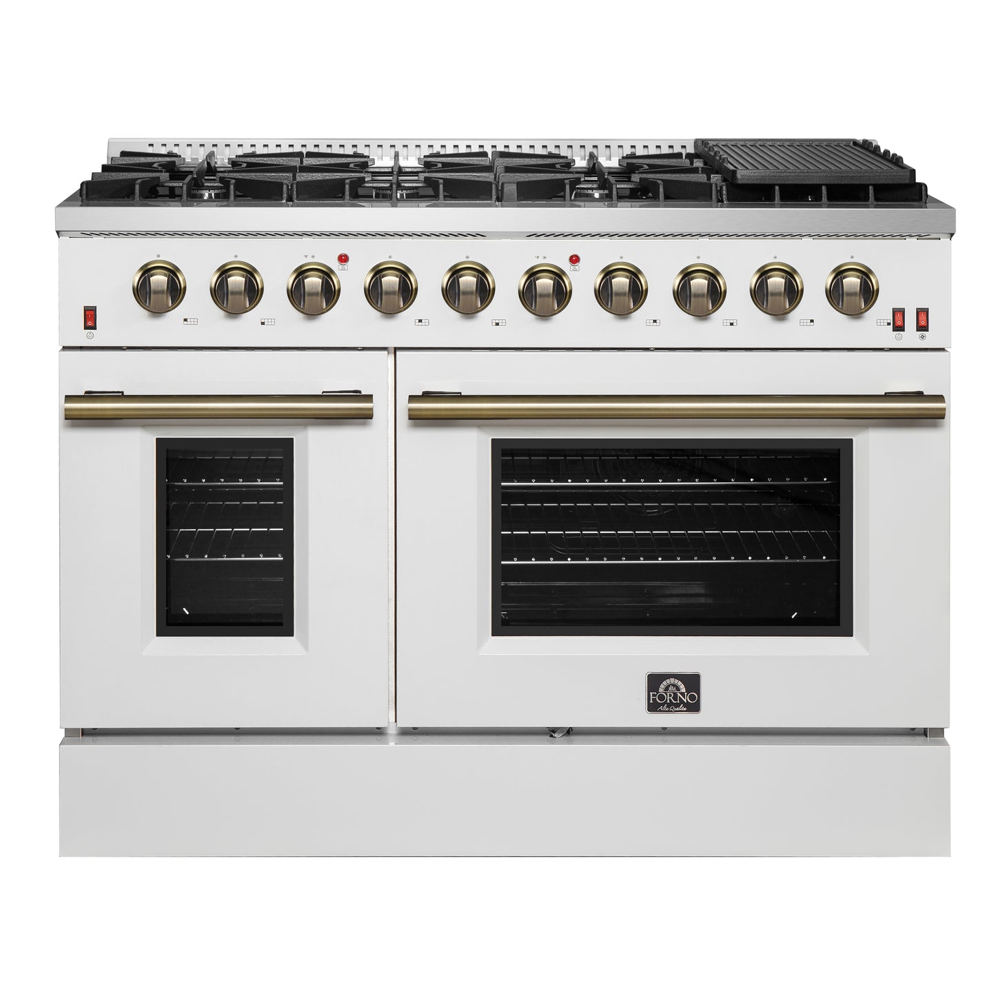 FORNO Galiano 48-inch Gas Range White & Antique Brass Design, 8 Burners, 107,000 BTU, Griddle, 6.58 cu.ft. Double Ovens - Forno Appliances
