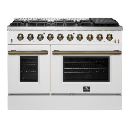 FORNO Galiano 48-inch Gas Range White & Antique Brass Design, 8 Burners, 107,000 BTU, Griddle, 6.58 cu.ft. Double Ovens - Forno Appliances