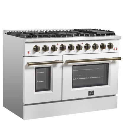 FORNO Galiano 48-inch Gas Range White & Antique Brass Design, 8 Burners, 107,000 BTU, Griddle, 6.58 cu.ft. Double Ovens - Forno Appliances