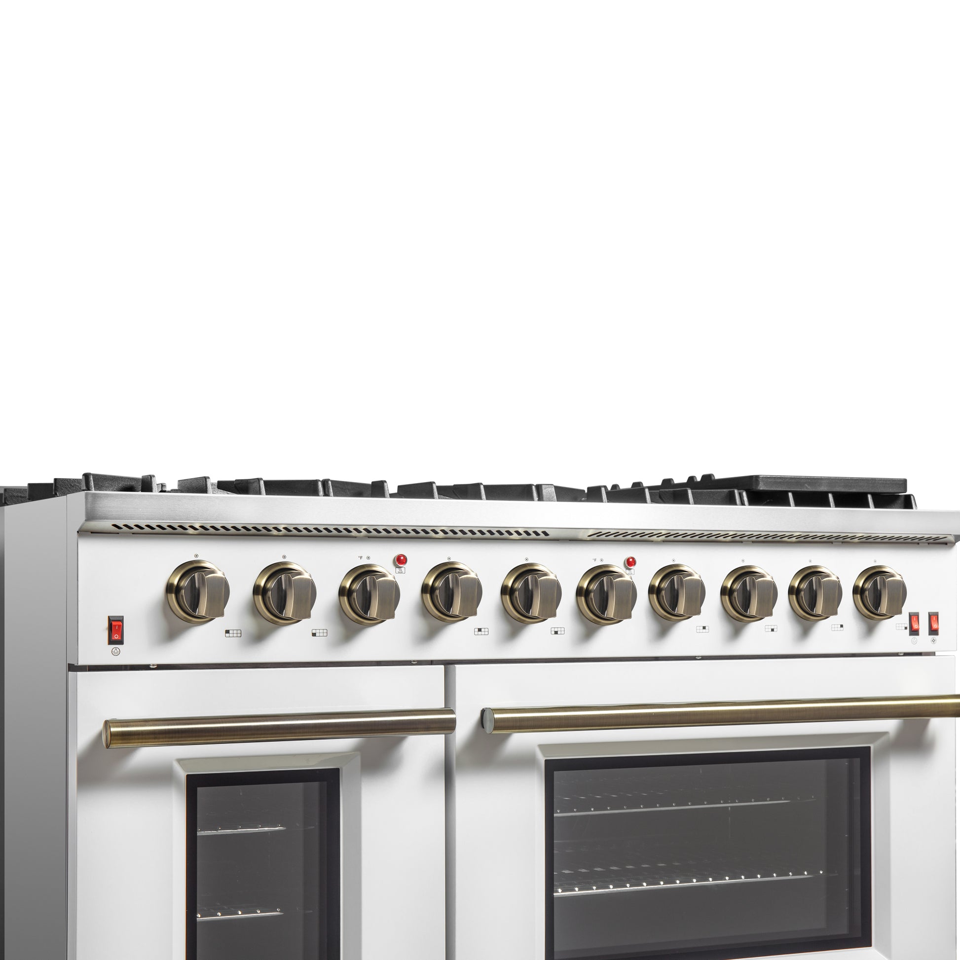 FORNO Galiano 48-inch Gas Range White & Antique Brass Design, 8 Burners, 107,000 BTU, Griddle, 6.58 cu.ft. Double Ovens - Forno Appliances