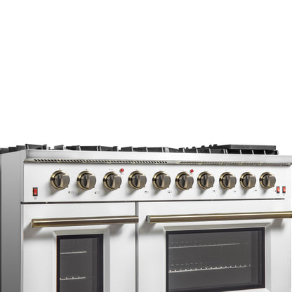 FORNO Galiano 48-inch Gas Range White & Antique Brass Design, 8 Burners, 107,000 BTU, Griddle, 6.58 cu.ft. Double Ovens - Forno Appliances