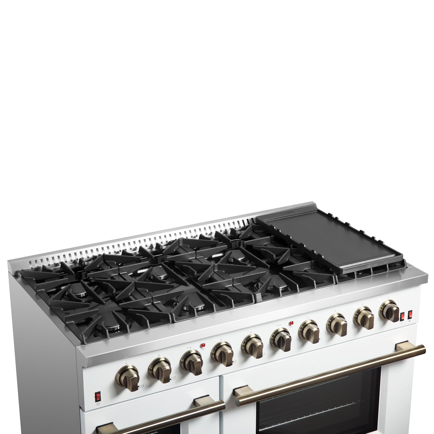 FORNO Galiano 48-inch Gas Range White & Antique Brass Design, 8 Burners, 107,000 BTU, Griddle, 6.58 cu.ft. Double Ovens - Forno Appliances