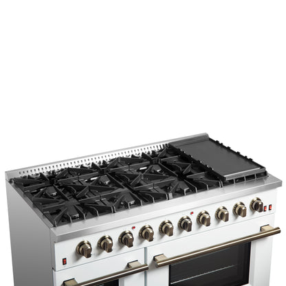 FORNO Galiano 48-inch Gas Range White & Antique Brass Design, 8 Burners, 107,000 BTU, Griddle, 6.58 cu.ft. Double Ovens - Forno Appliances